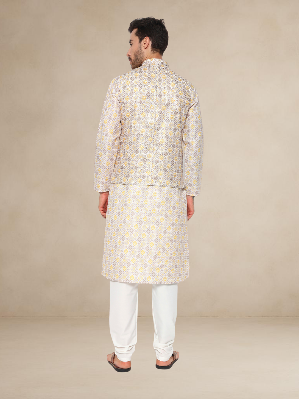 Mustard Printed Kurta Pyjama Set with Contrasting Nehru Jacket