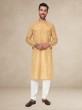Golden Yellow Jacquard Printed Kurta Pyjama Set for Men