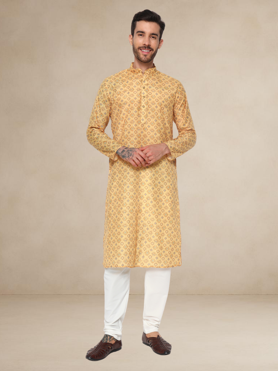 Golden Yellow Jacquard Printed Kurta Pyjama Set for Men