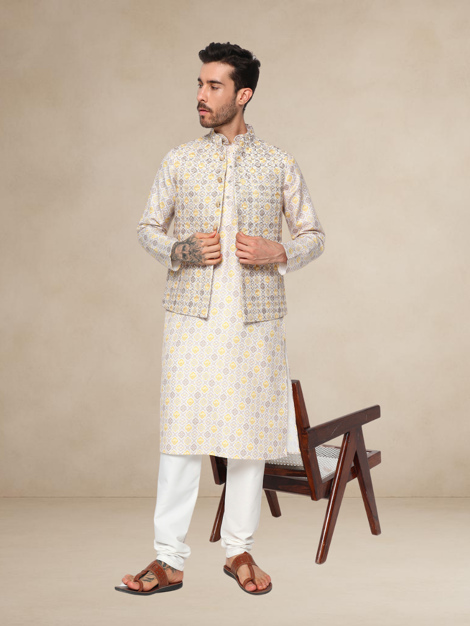 Mustard Printed Kurta Pyjama Set with Contrasting Nehru Jacket