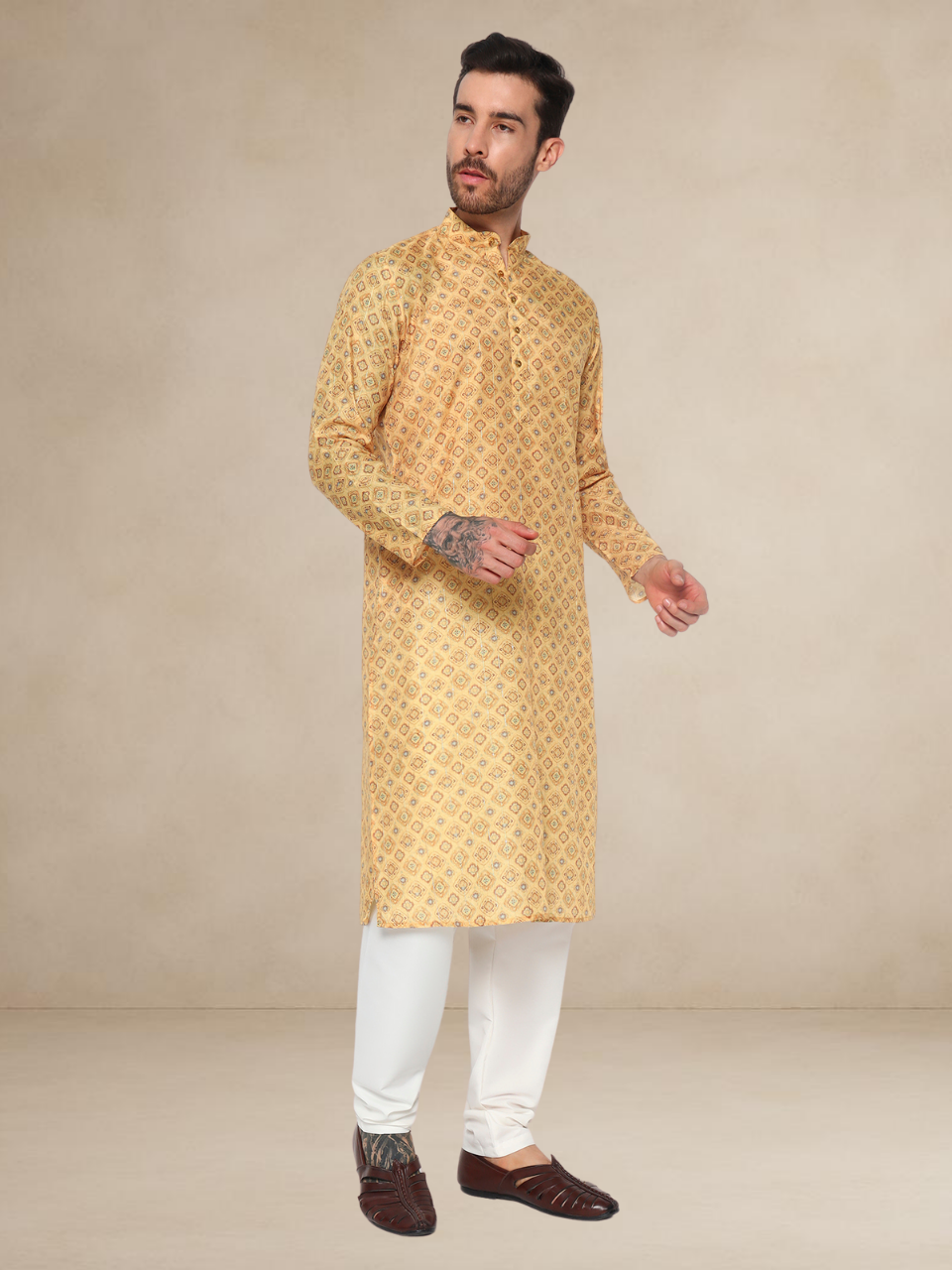 Golden Yellow Jacquard Printed Kurta Pyjama Set for Men