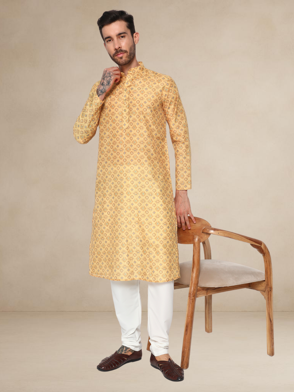 Golden Yellow Jacquard Printed Kurta Pyjama Set for Men
