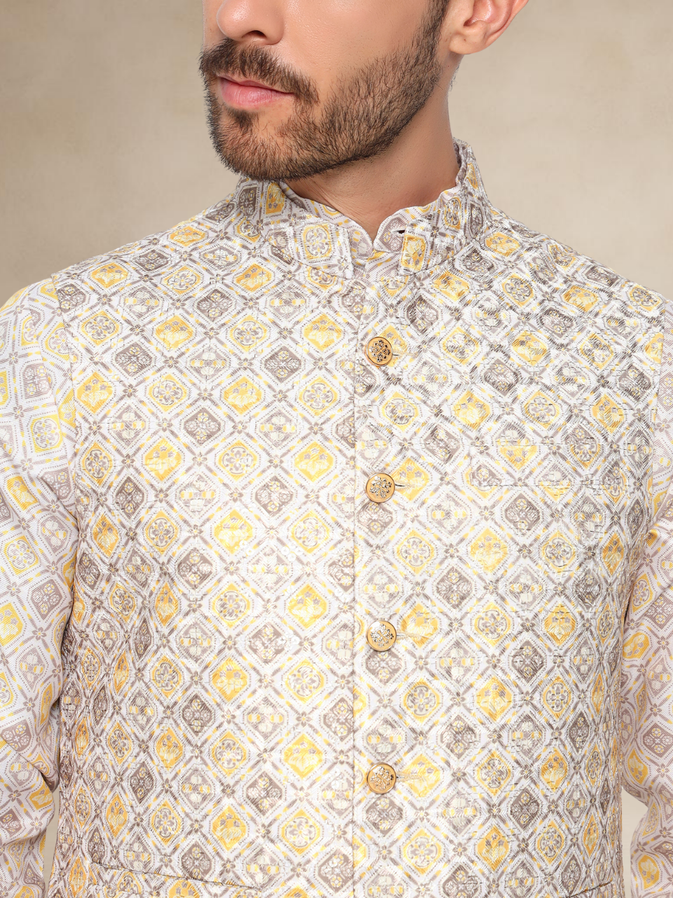 Mustard Printed Kurta Pyjama Set with Contrasting Nehru Jacket