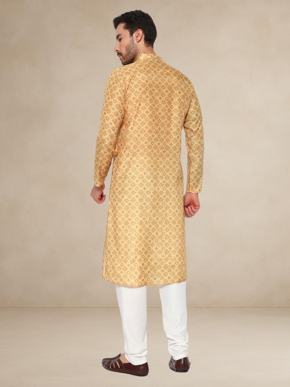 Golden Yellow Jacquard Printed Kurta Pyjama Set for Men