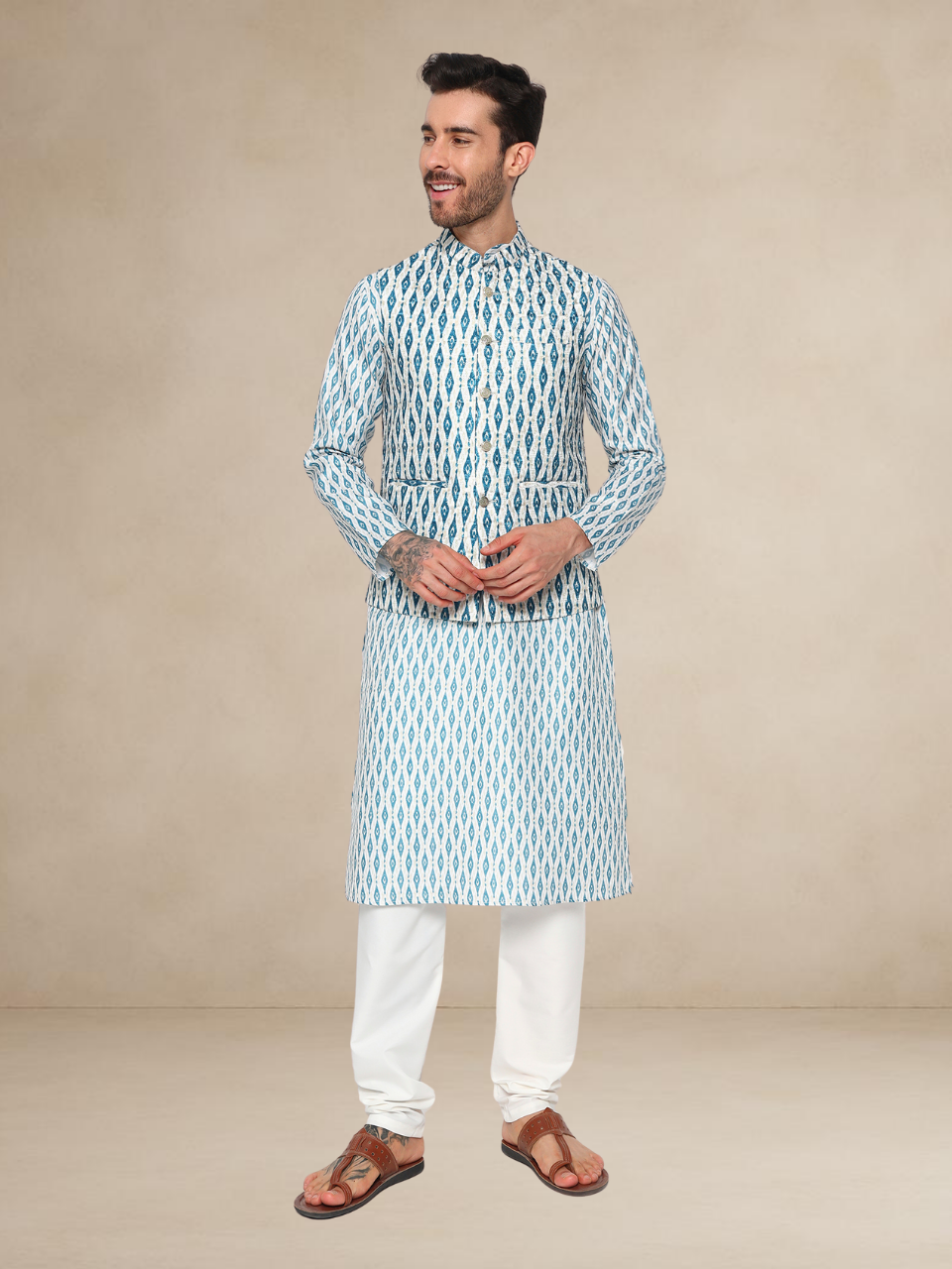 Emerald Geometric Kurta Pyjama with Nehru Jacket