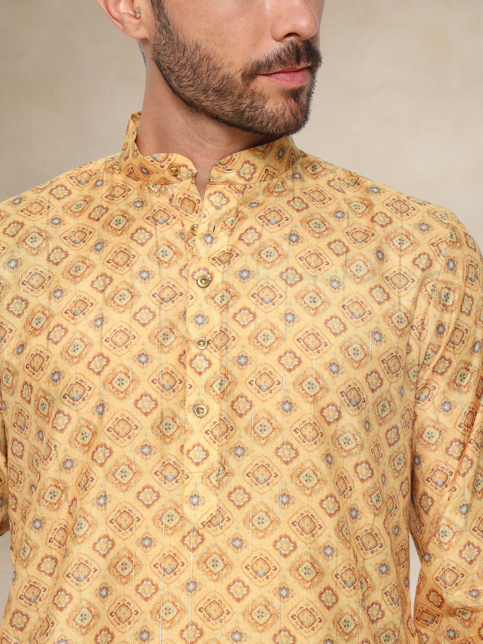 Golden Yellow Jacquard Printed Kurta Pyjama Set for Men