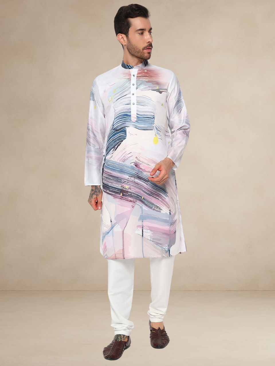 Multicolour Abstract Brushstroke Kurta Pyjama Set for Men