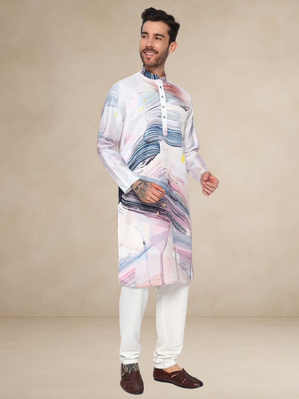 Multicolour Abstract Brushstroke Kurta Pyjama Set for Men