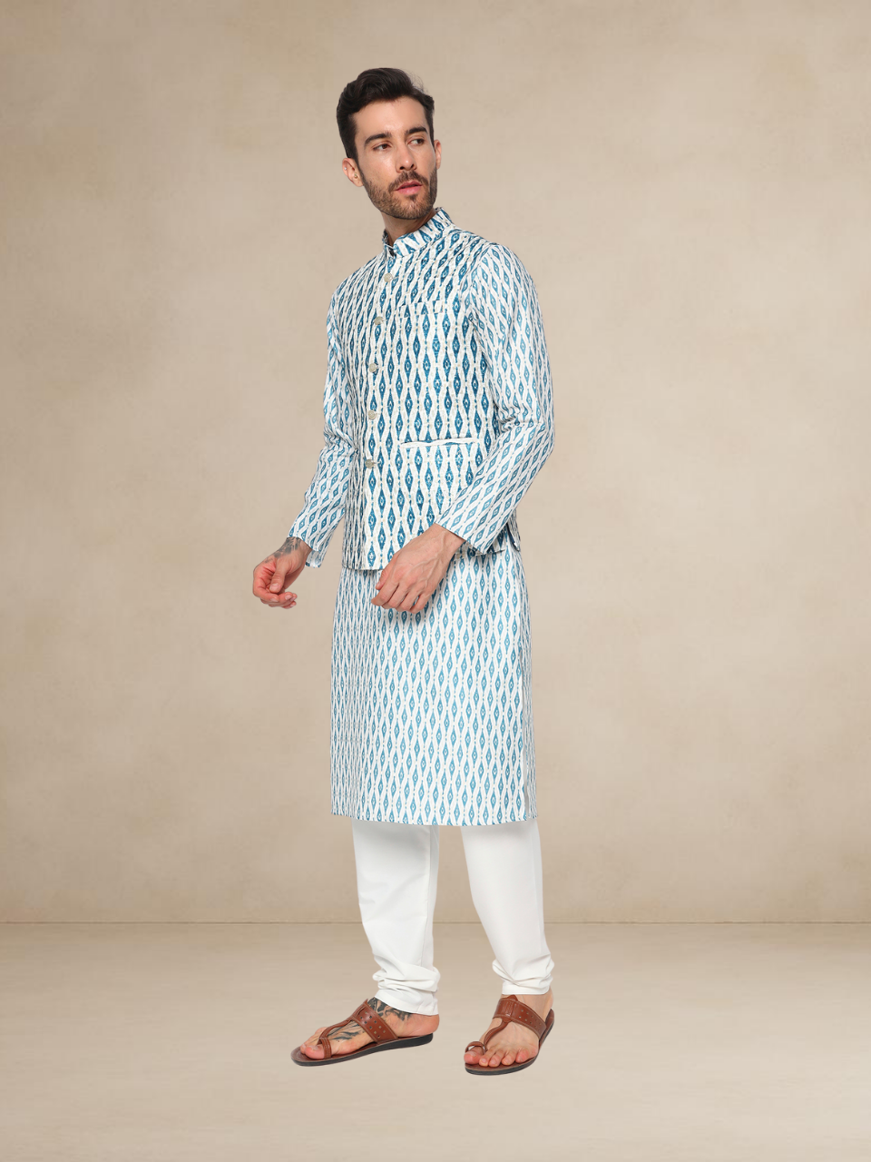 Emerald Geometric Kurta Pyjama with Nehru Jacket