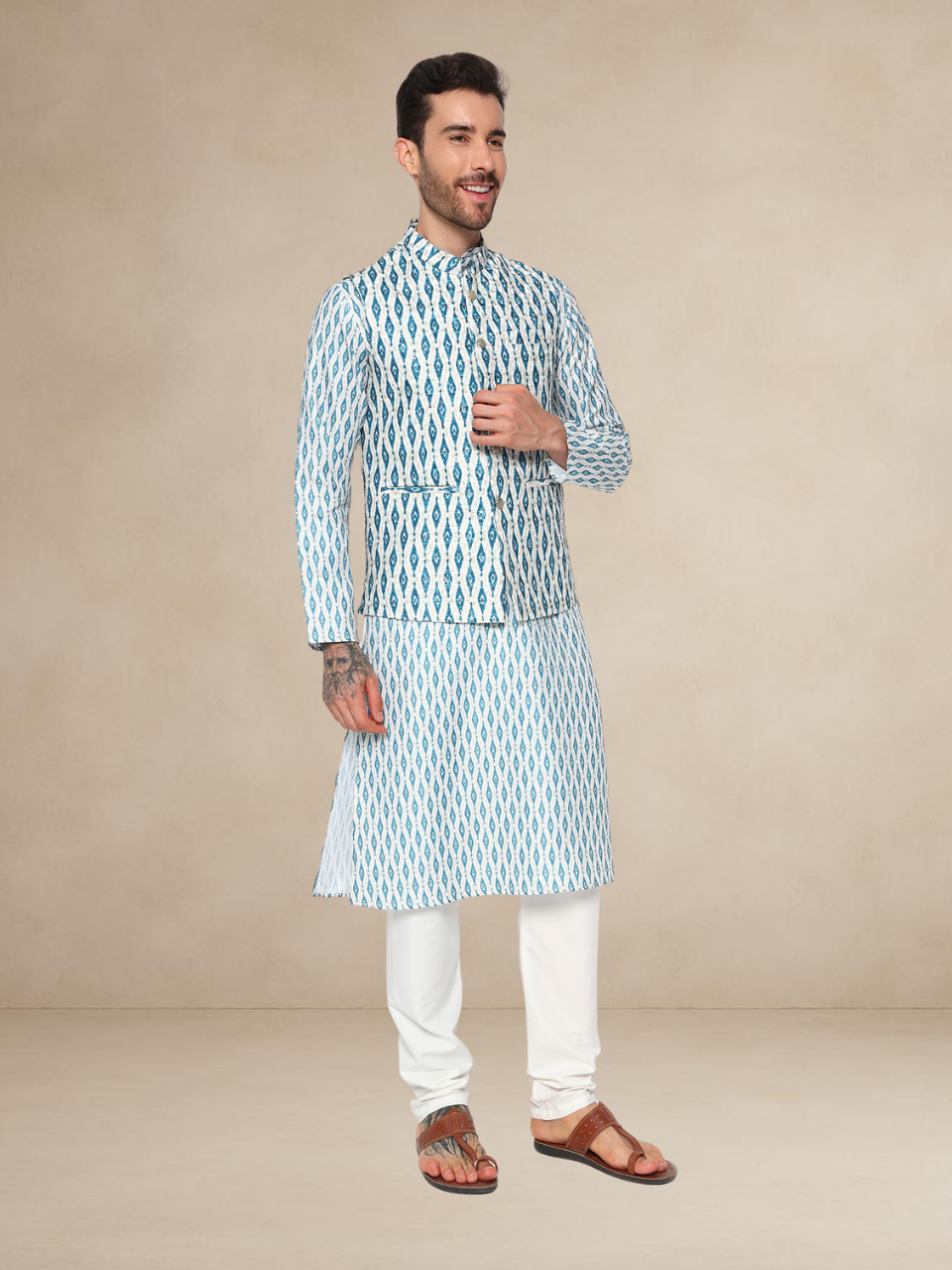 Emerald Geometric Kurta Pyjama with Nehru Jacket