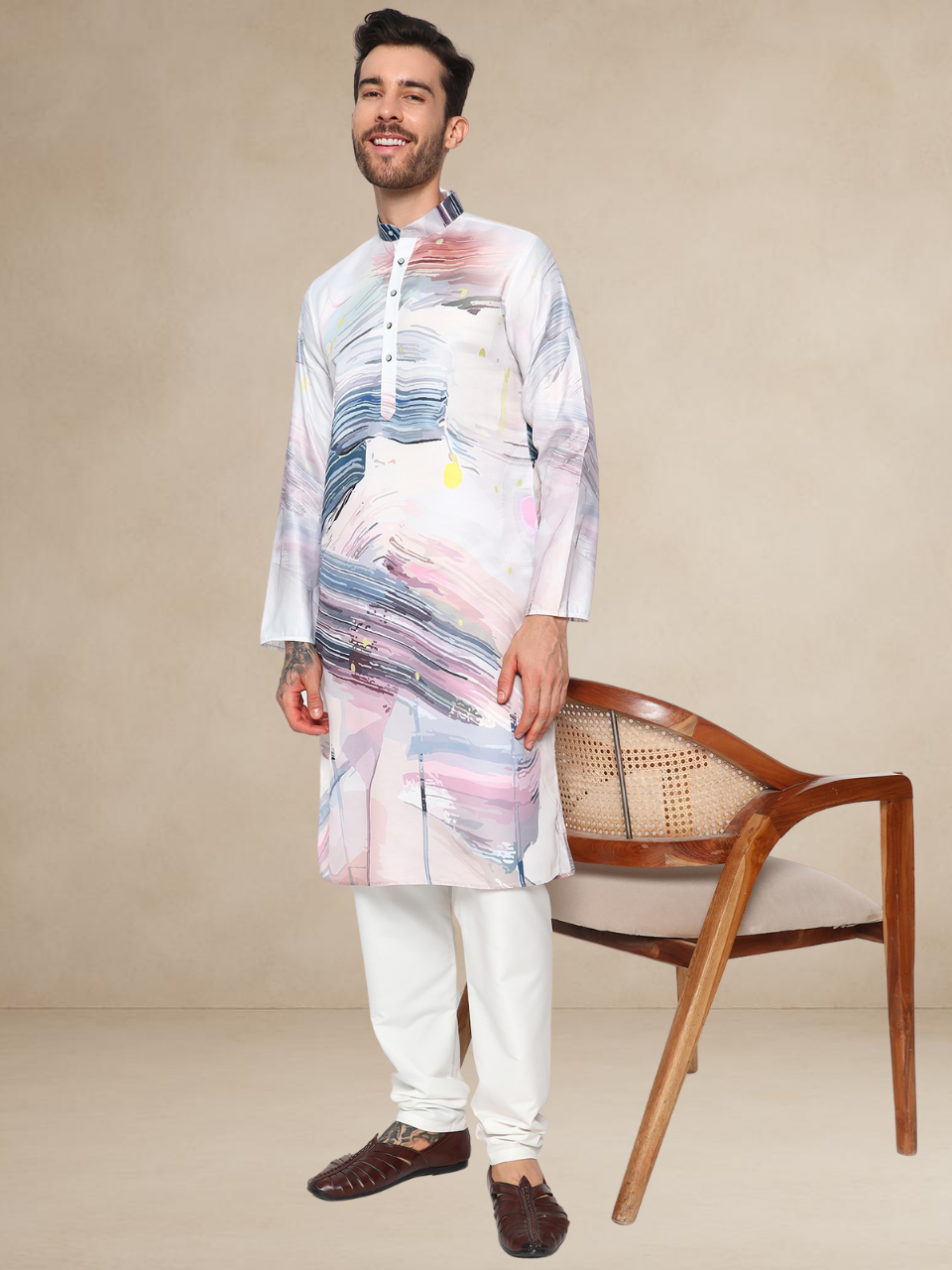 Multicolour Abstract Brushstroke Kurta Pyjama Set for Men