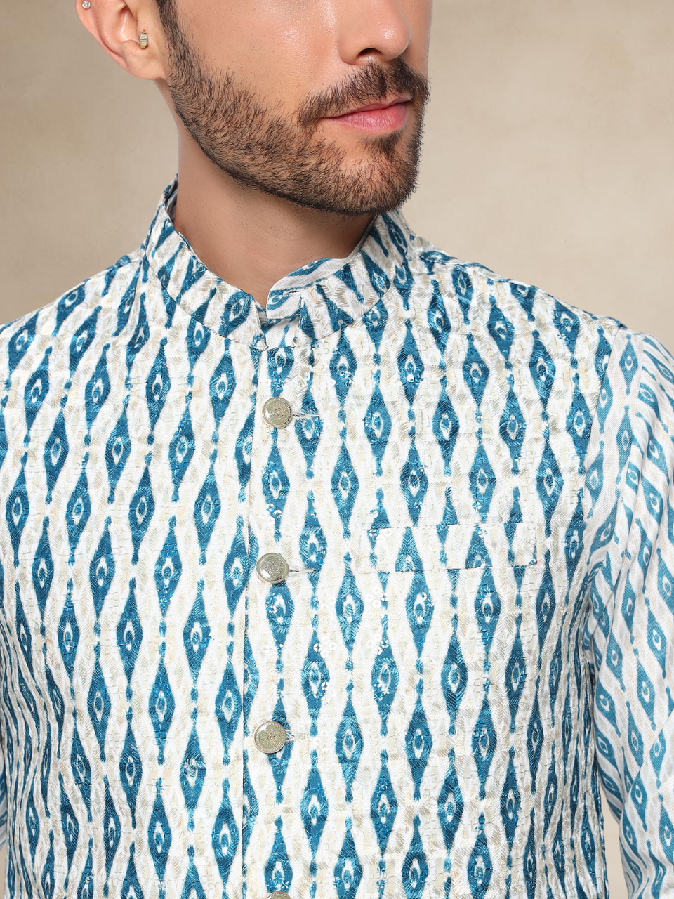 Emerald Geometric Kurta Pyjama with Nehru Jacket