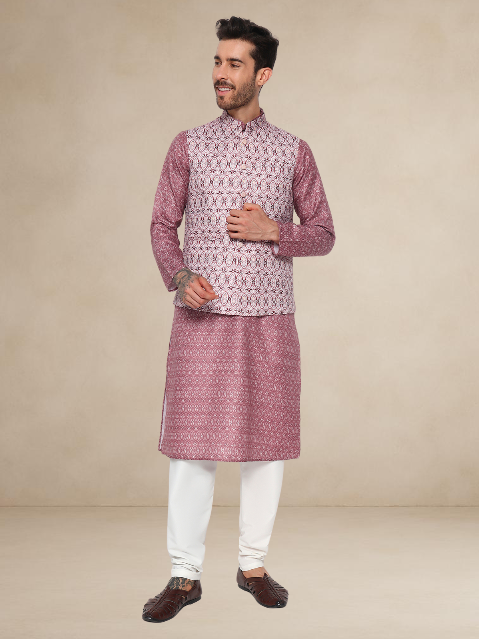 Wine Kurta Pyjama Set with Printed Nehru Jacket