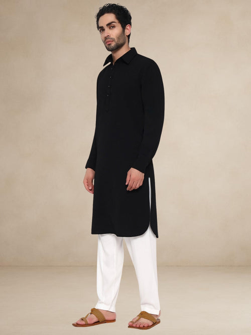 Plain Black Textured Button-Up Pathani Suit