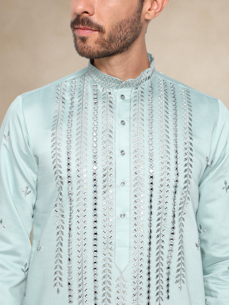 Embroidered Kurta Pyjama Set for Men Green