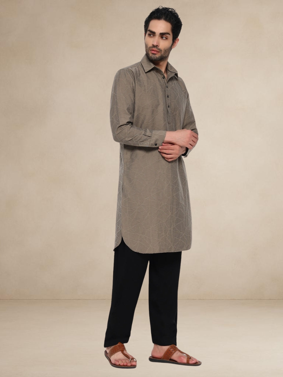 Taupe Abstract-Embroidered Popover Pathani Suit