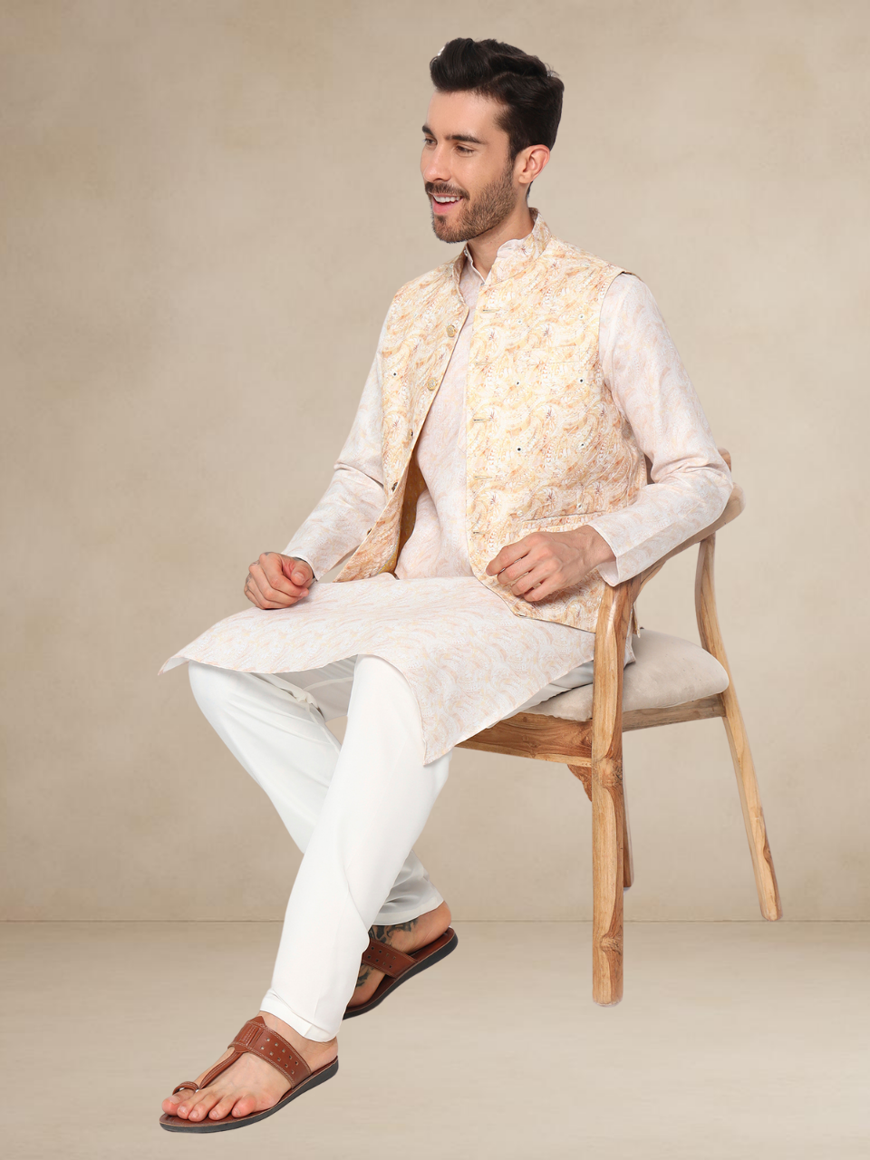 Ivory Kurta Pyjama with Mustard Nehru Jacket