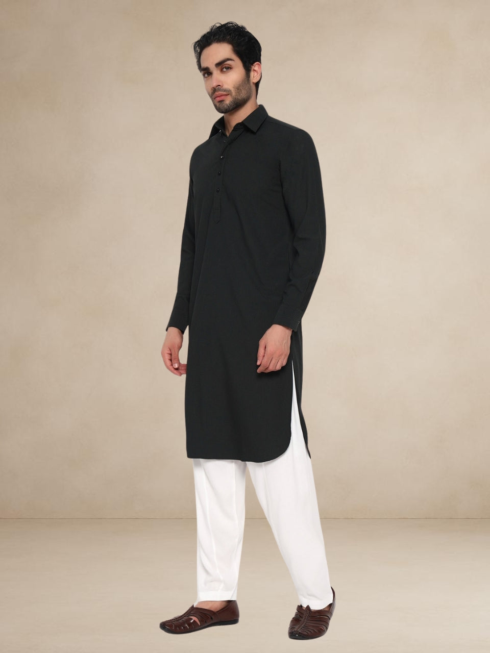 Black Textured Button-Up Pathani Suit