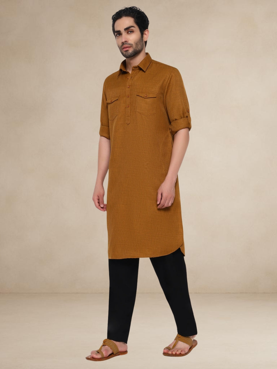 Textured Utility Pathani Suit Mustard