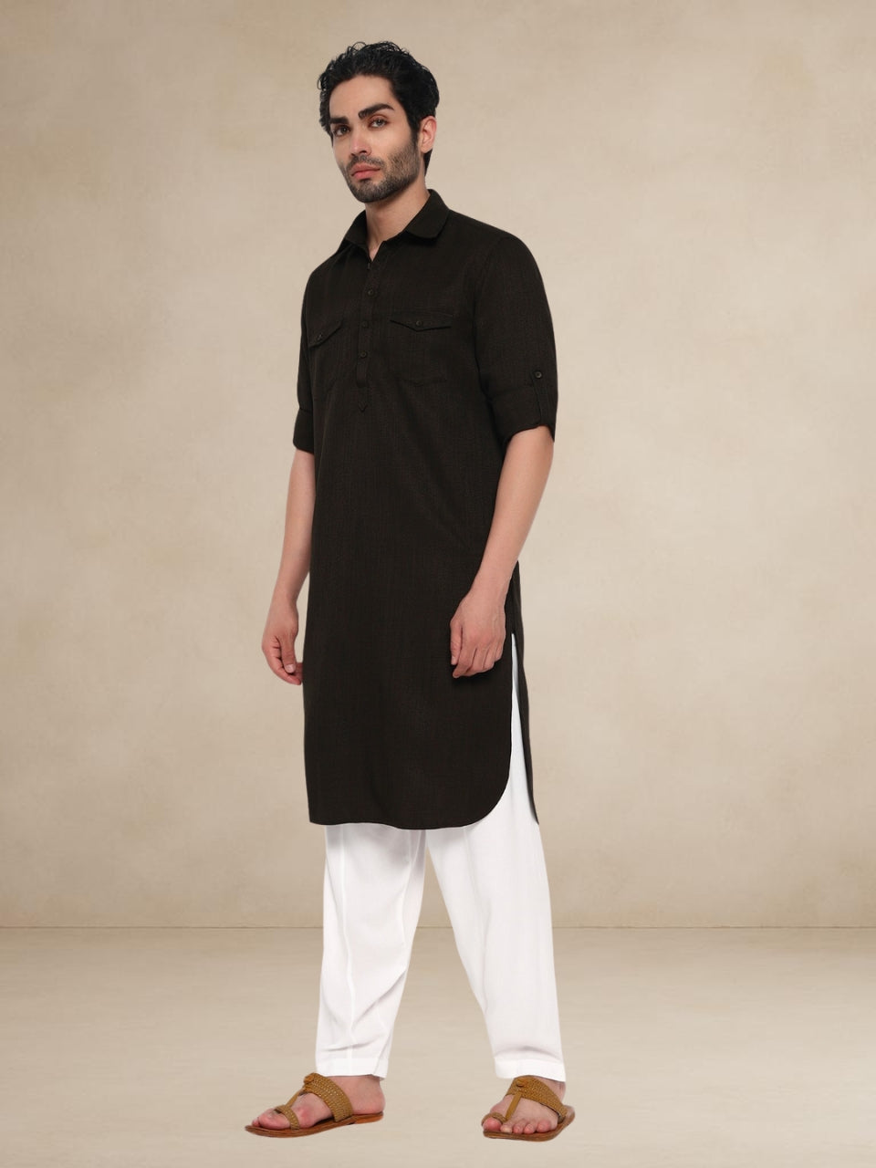 Textured Utility Pathani Suit Olive Brown
