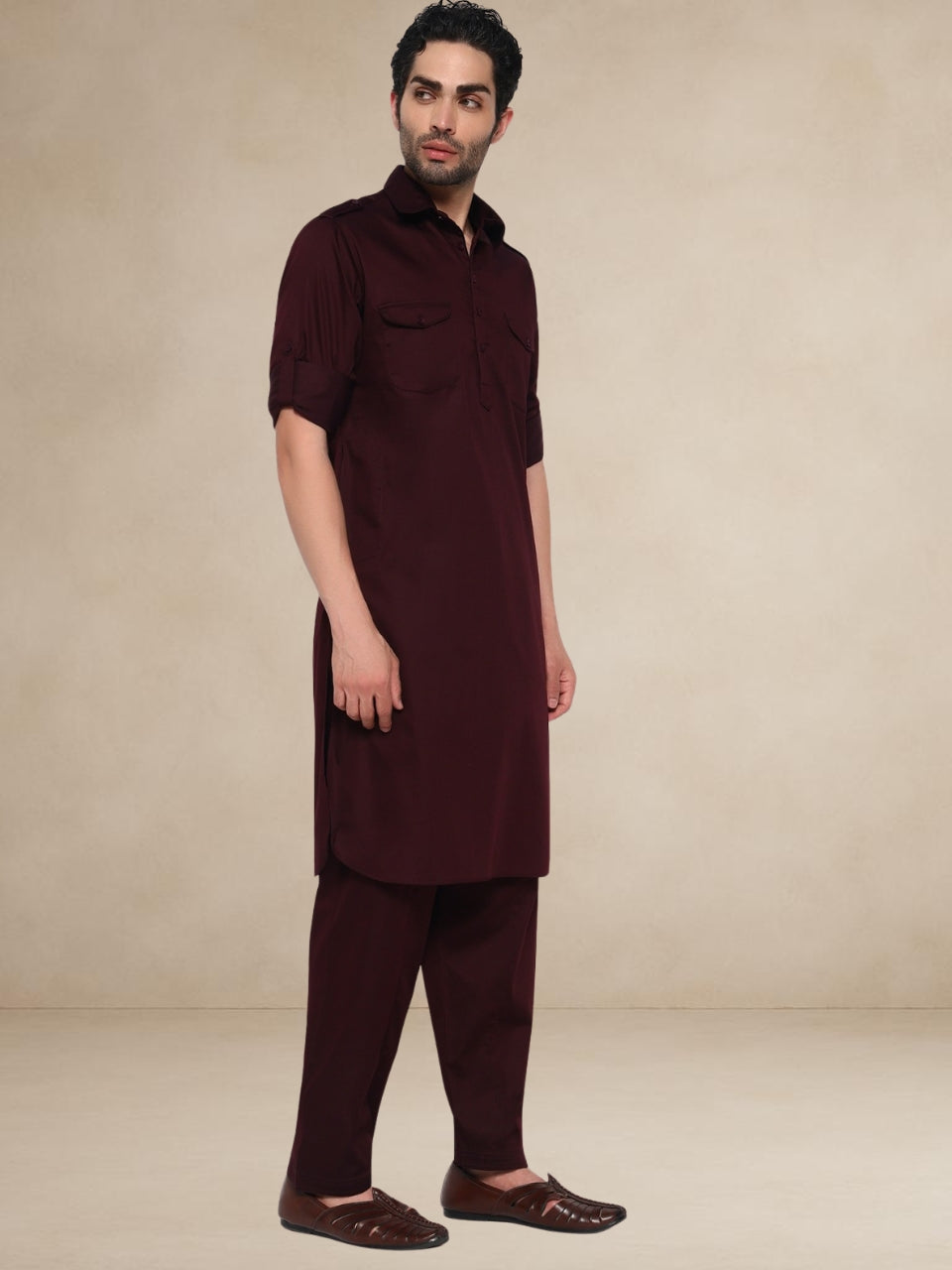 Military Style Pathani Suits Maroon