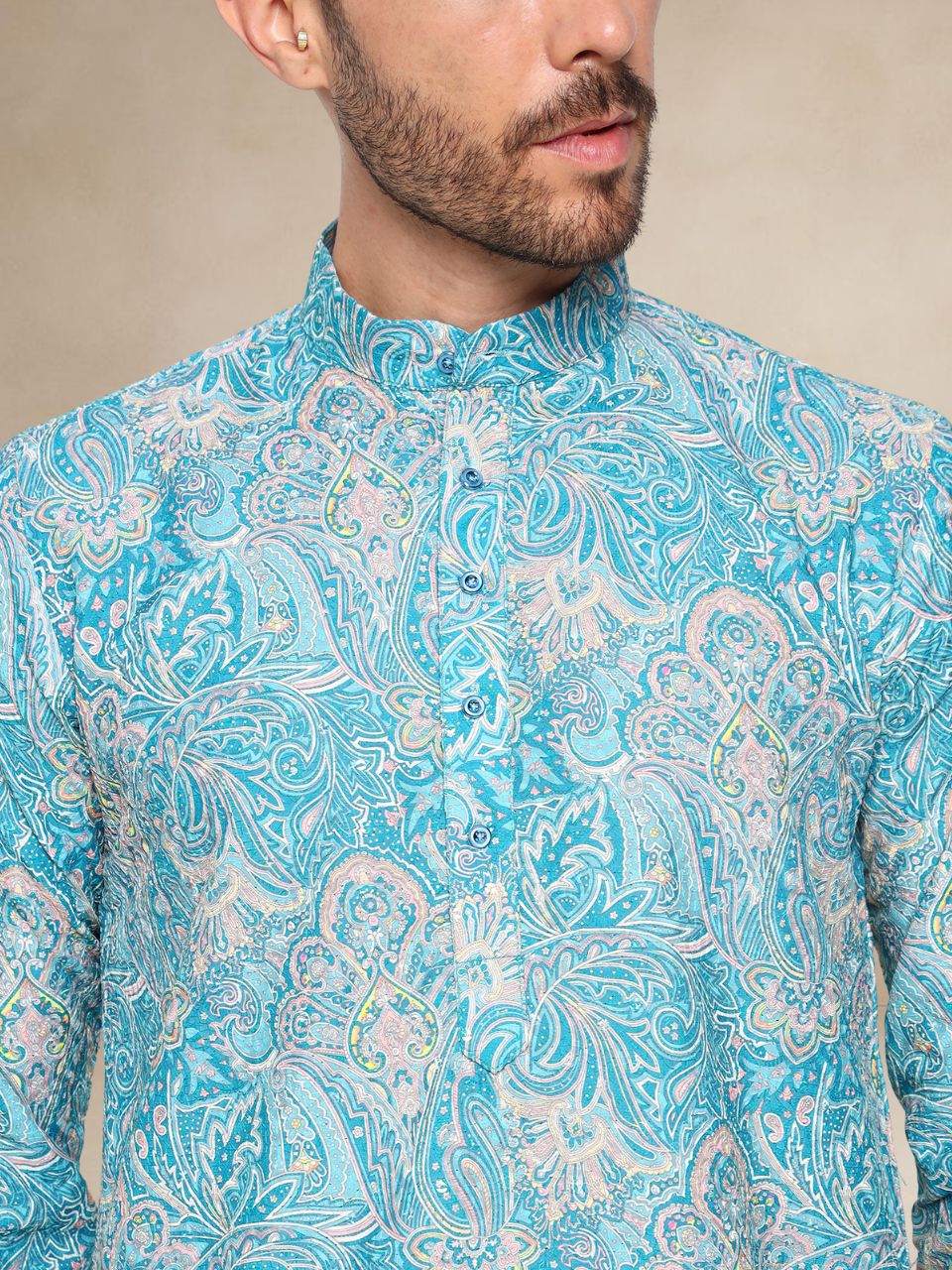 Floral Printed Kurta Pyjama Set Sky Blue