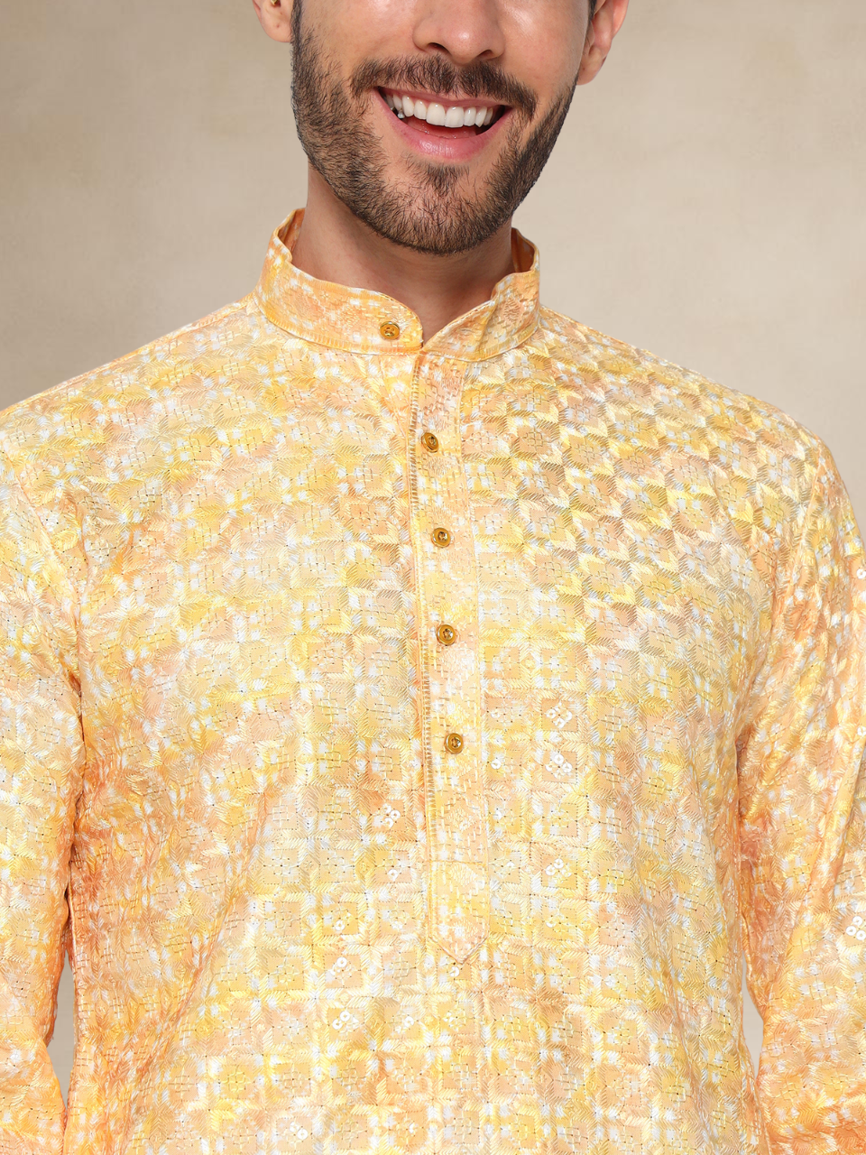 Printed Haldi Kurta Pyjama Set for Men Mustard 2XL