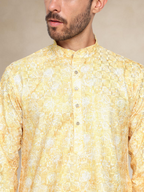 Printed Haldi Kurta Pyjama Set for Men Yellow