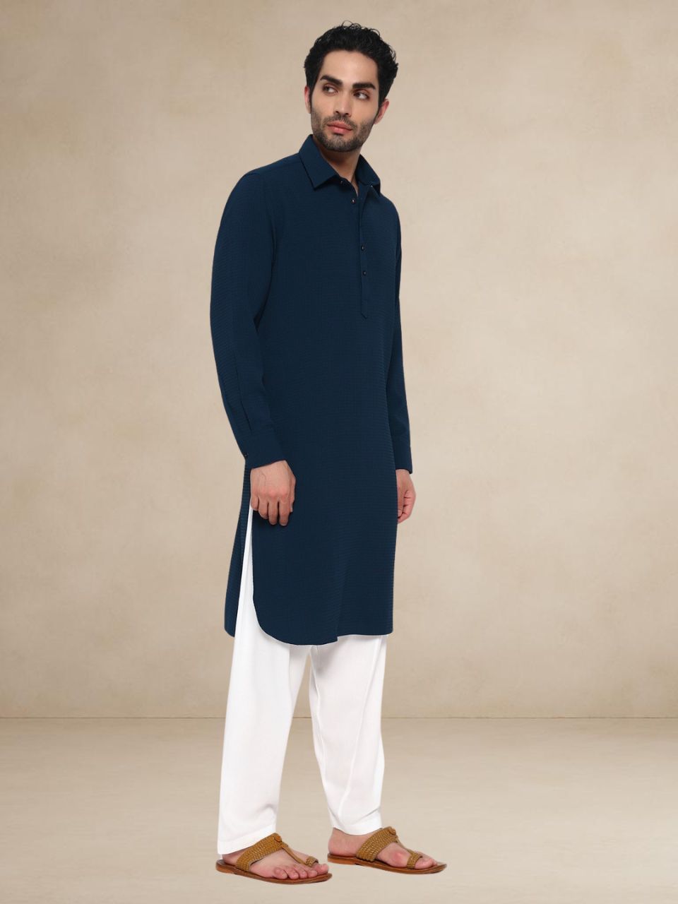 Teal Textured Button-Up Pathani Suit