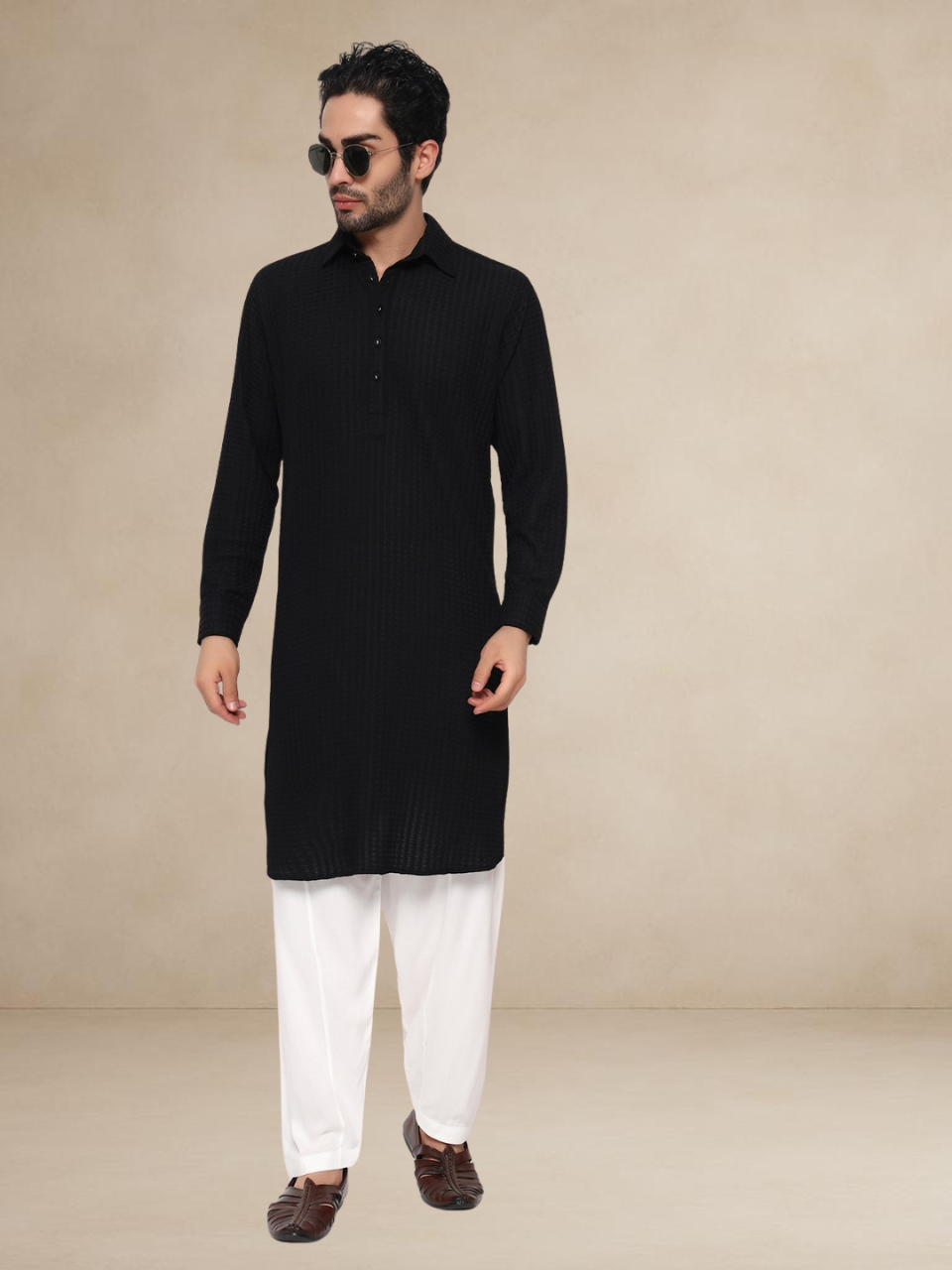 Black Waffle-Textured Button-Up Pathani Suit