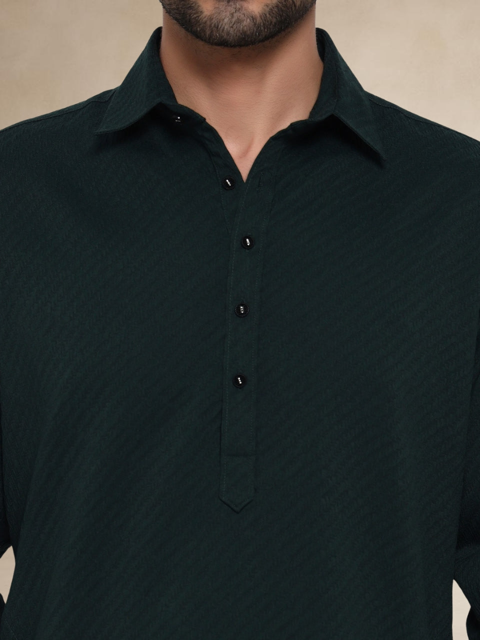 Dark Green Textured Button-Up Pathani Suit