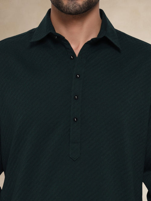 Dark Green Textured Button-Up Pathani Suit