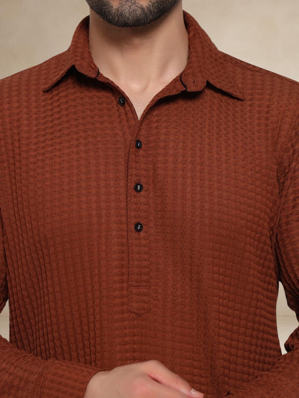 Rust Brown Waffle-Textured Popover Pathani Suit