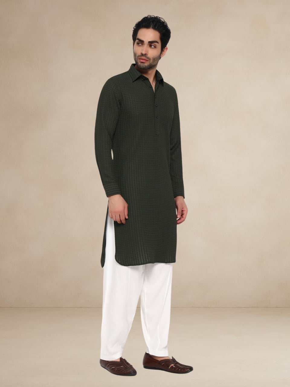 Olive Green Waffle-Textured Pathani Suit