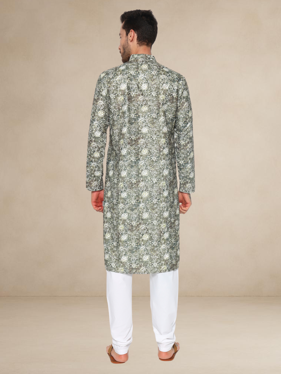 Olive Green Floral Kurta Pyjama Set Geometric