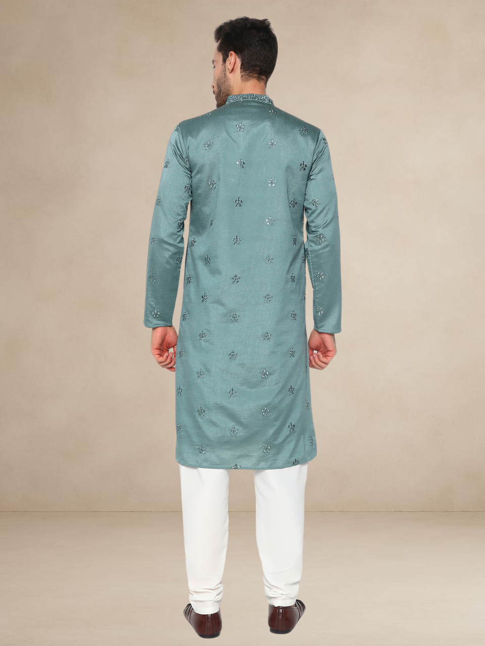 Pista Green Embroidered Kurta Pyjama Set for Men