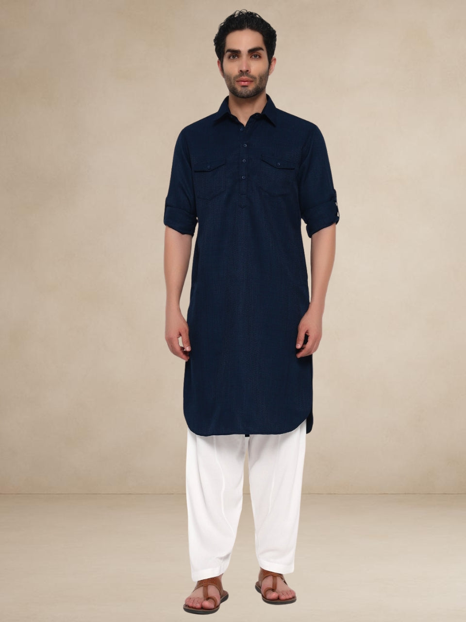 Navy Blue Textured Utility Pathani Suit