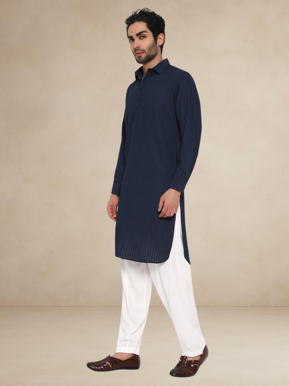 Navy Blue Waffle-Textured Popover Pathani Suit