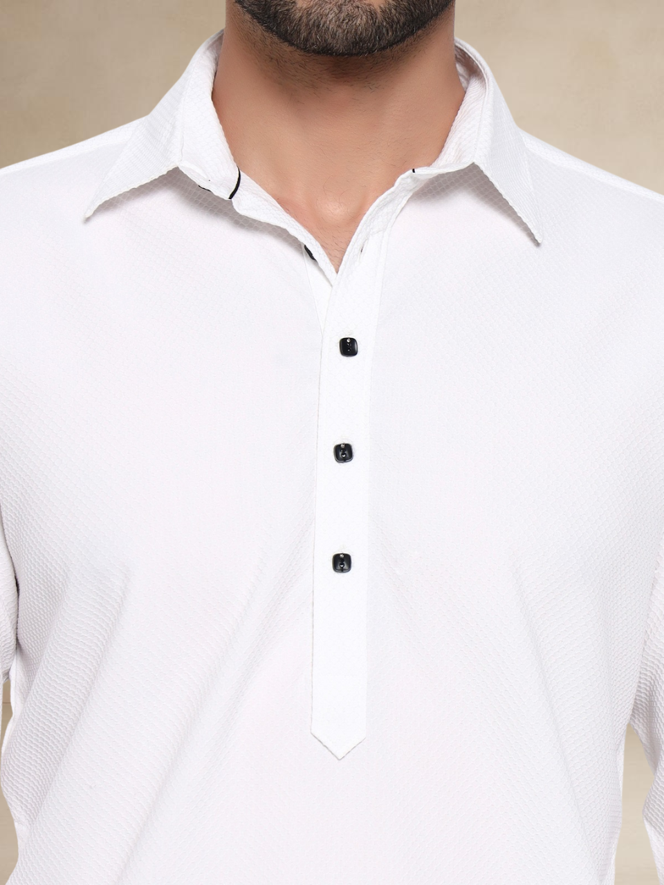 White Textured Button-Up Pathani Suit