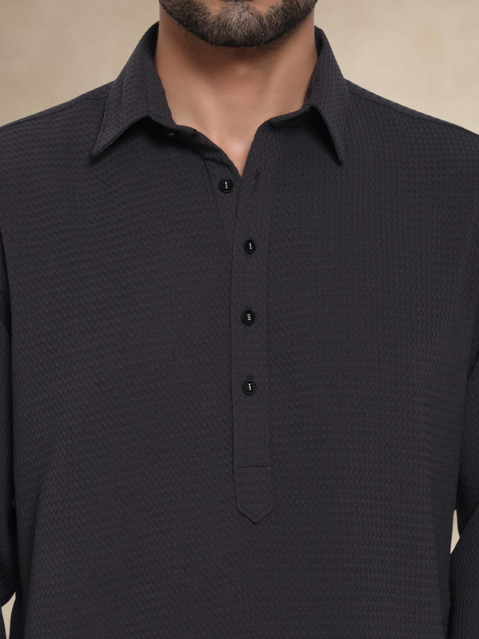 Plain Charcoal Grey Textured Button-Up Pathani Suit