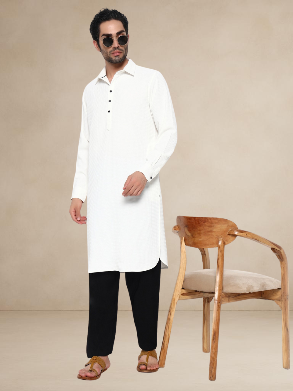 Plain White Textured Button-Up Pathani Suit