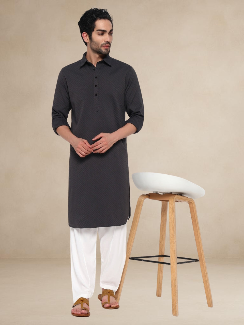 Charcoal Grey Textured Button-Up Pathani Suit