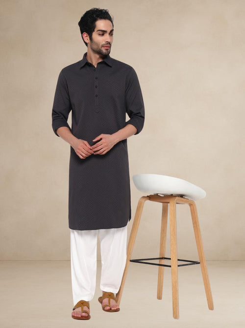 Charcoal Grey Textured Button-Up Pathani Suit
