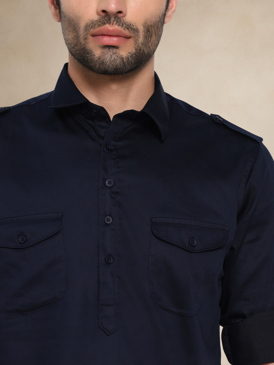 Navy Blue Military-Style Pathani Suit