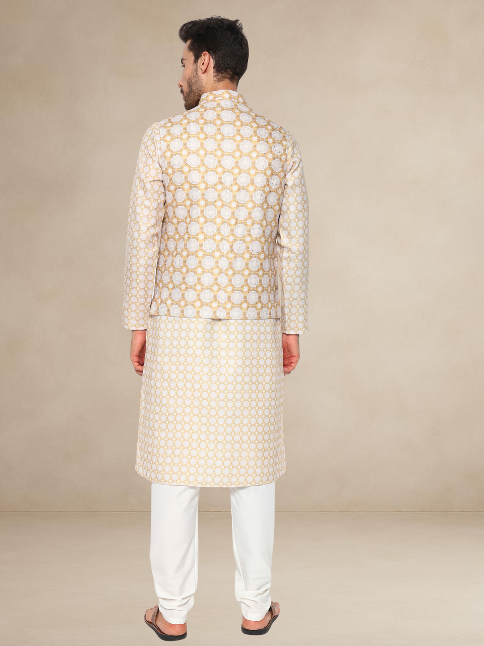Ivory Gold Printed Kurta Pyjama Set with Nehru Jacket