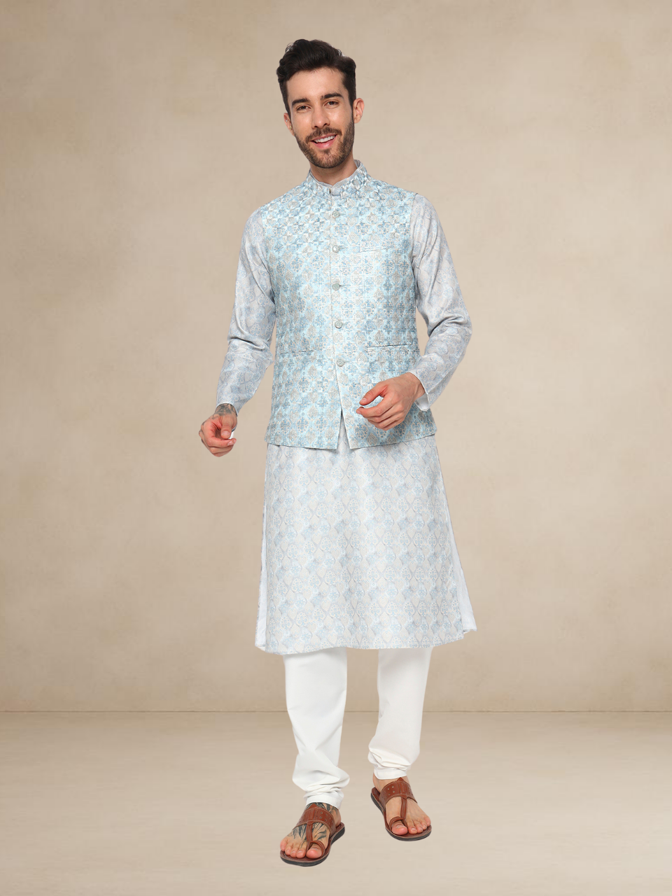 Aqua Blue Printed Kurta Pyjama with Matching Nehru Jacket