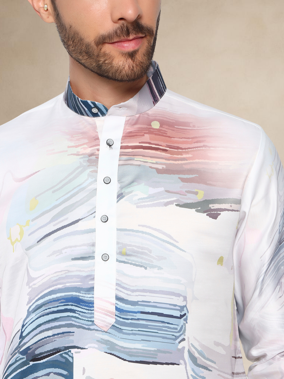 Multicolour Abstract Brushstroke Kurta Pyjama Set for Men