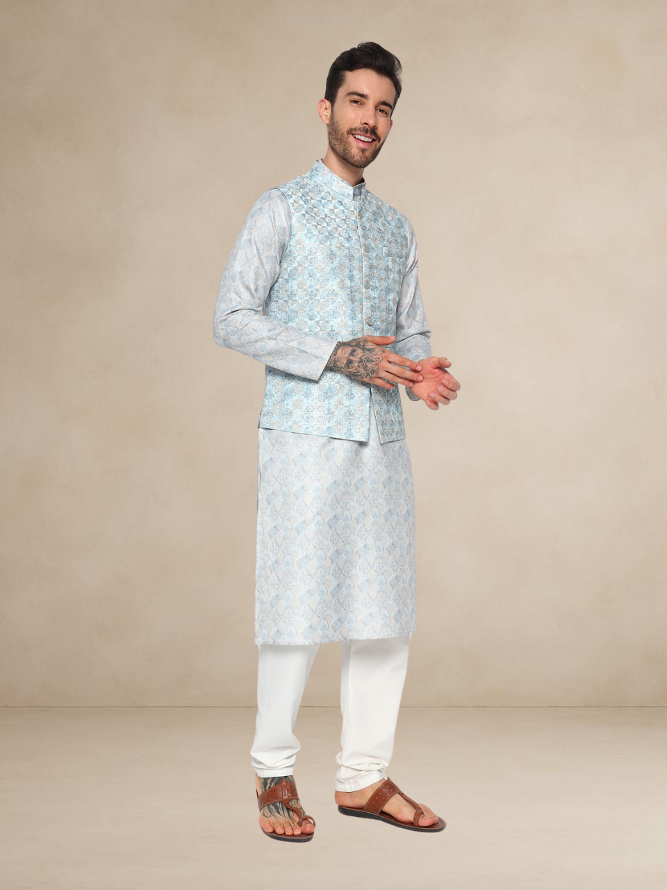 Aqua Blue Printed Kurta Pyjama with Matching Nehru Jacket