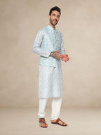 Aqua Blue Printed Kurta Pyjama with Matching Nehru Jacket