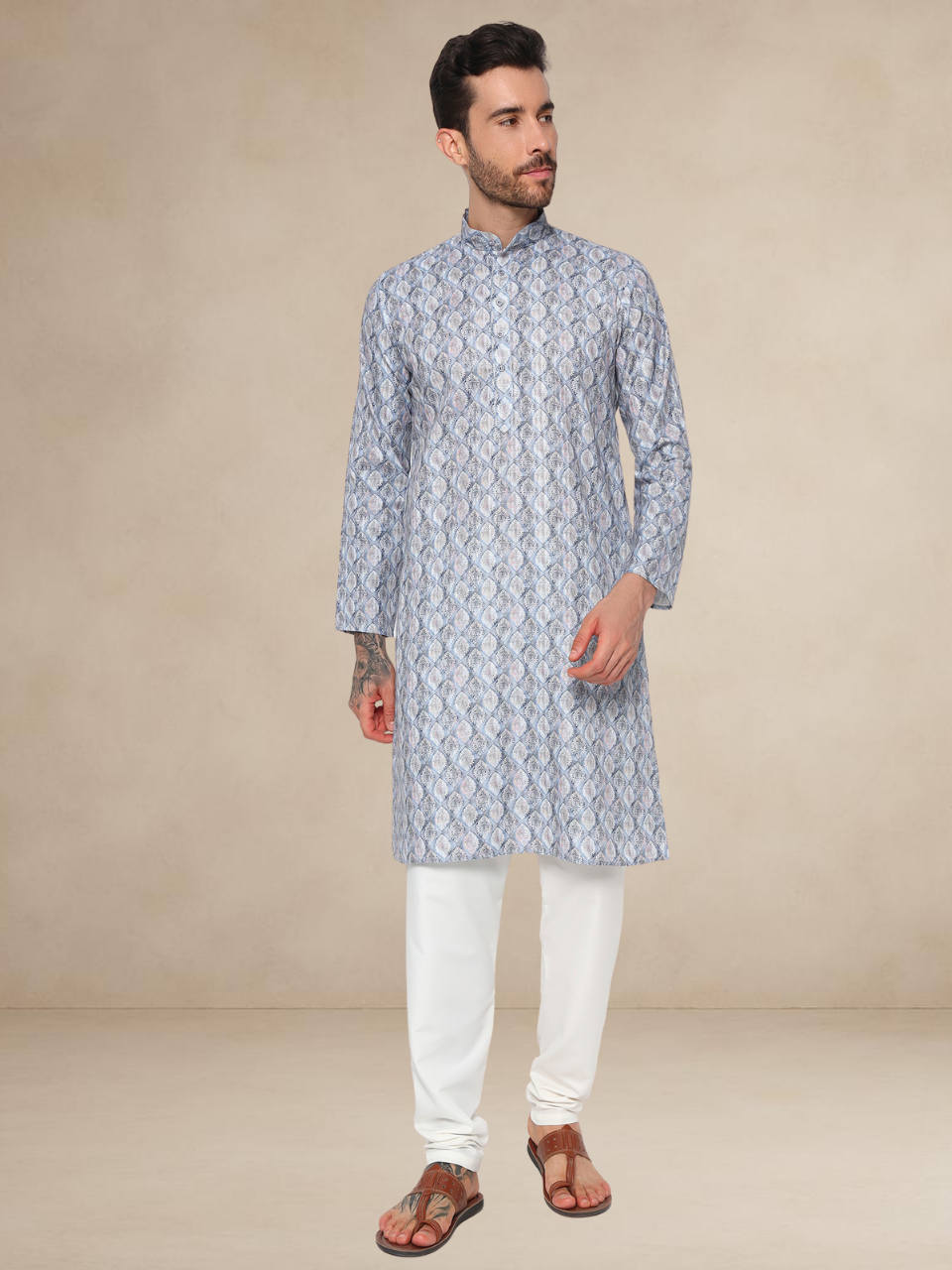 Dusty Blue Printed Kurta Pyjama Set for Men